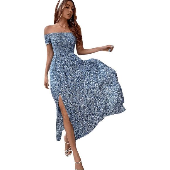 Floerns Women's Boho Floral Print Off Shoulder Split Long A Line Dress - Picture 5 of 17